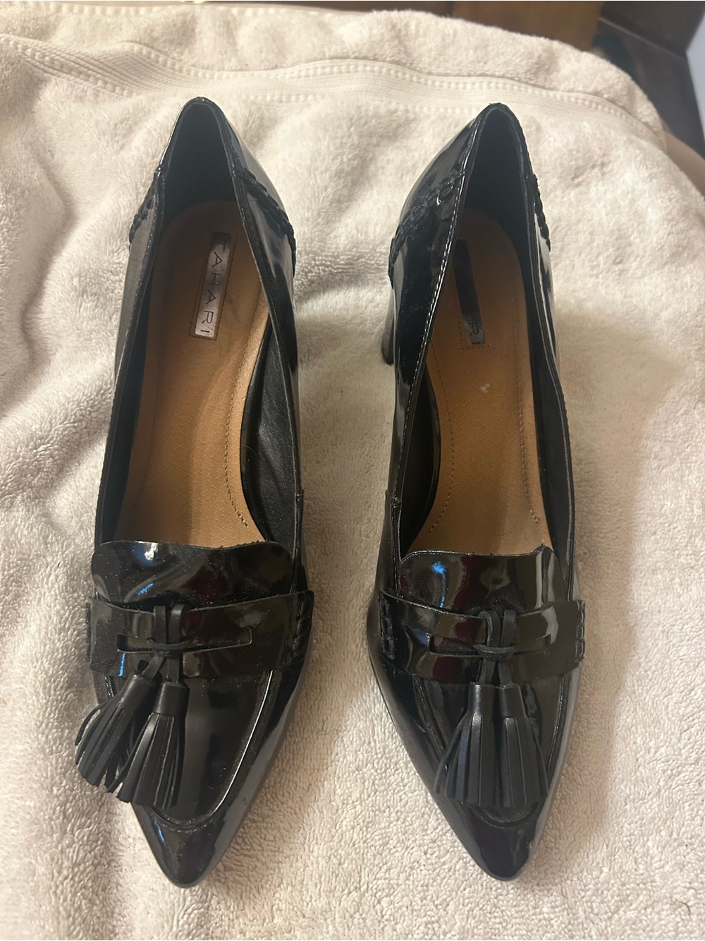 Tahari Black Patent Pointed-Toe Tassel Loafers